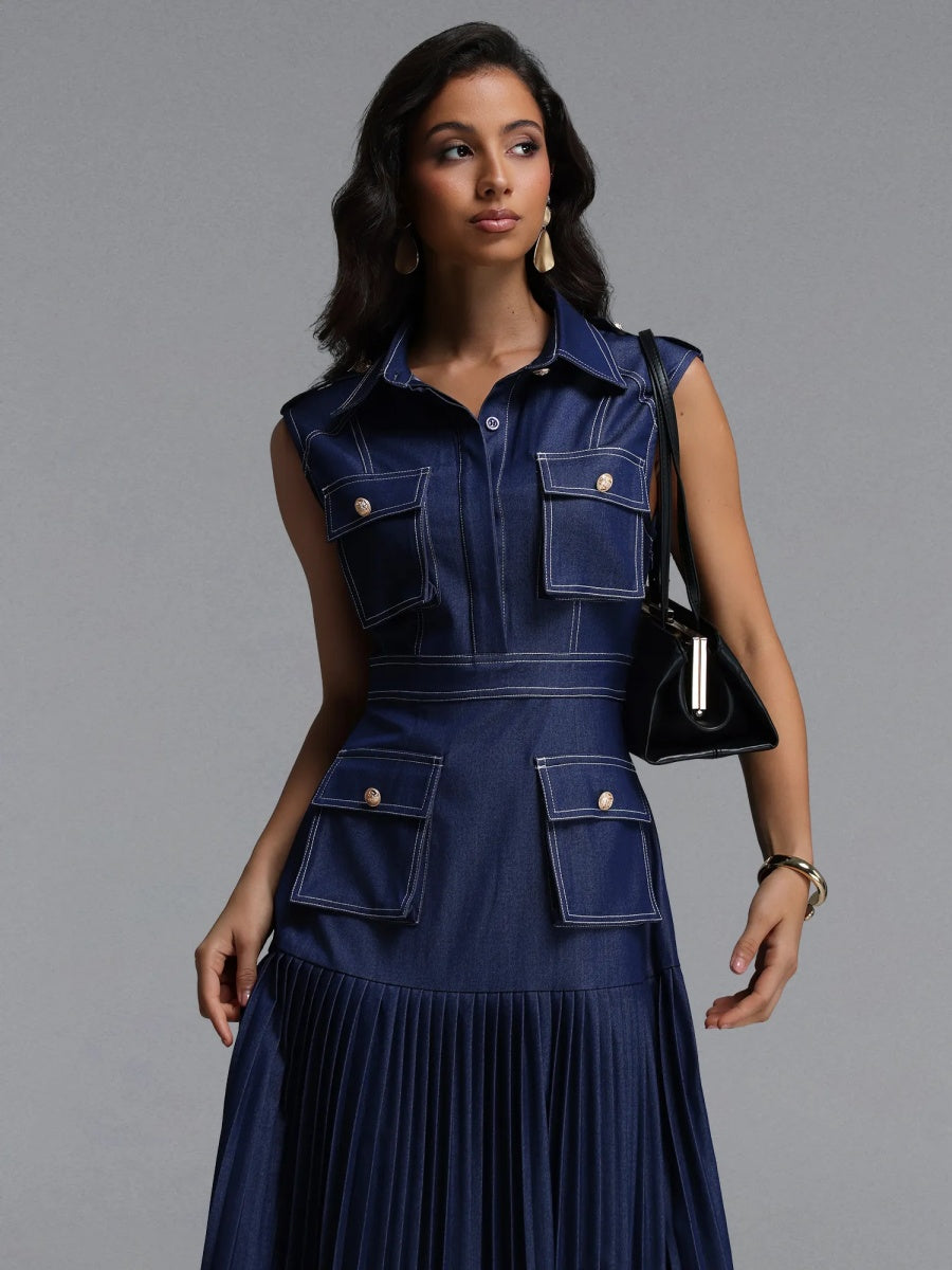 Brianna Denim Utility Pleated Midi Dress