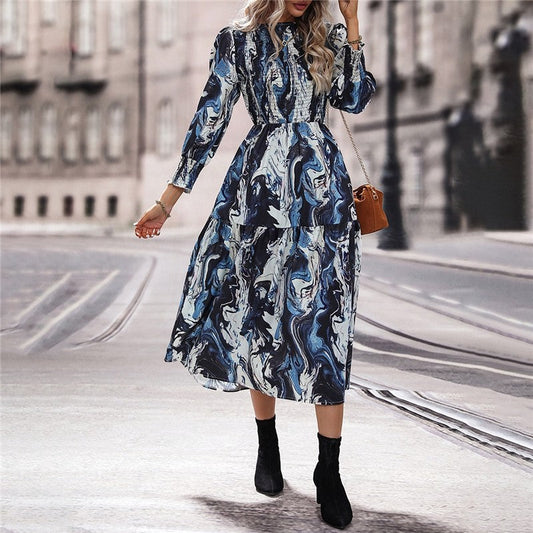 Long Sleeves Crewneck Printing A-Line Casual Dress