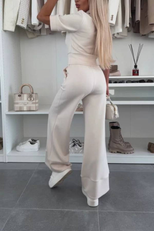 Casual suit short sleeve solid color high waist wide leg pants