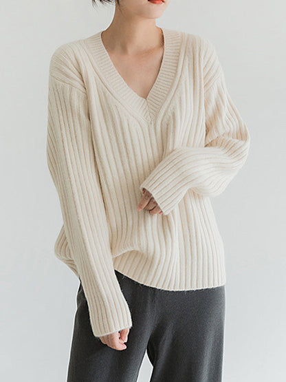 Casual Loose Solid Color V-Neck Sweater Tops