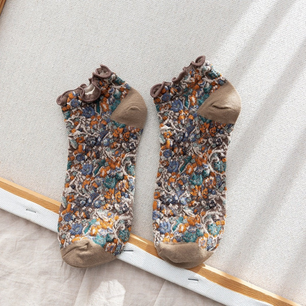 Rufia- Summer Floral Print Lace Trim Low-Cut Socks
