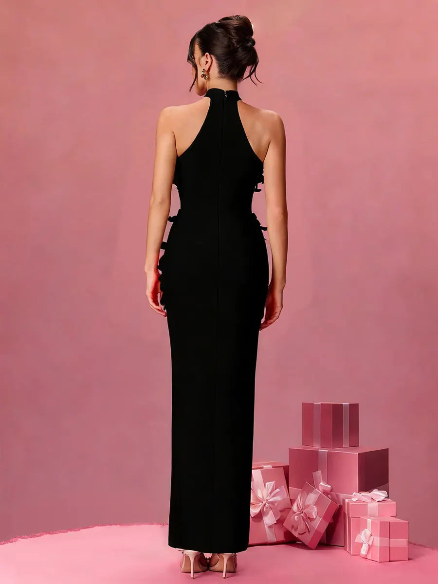Clara Halterneck Flower Bandage Maxi Dress