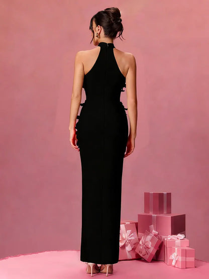 Clara Halterneck Flower Bandage Maxi Dress