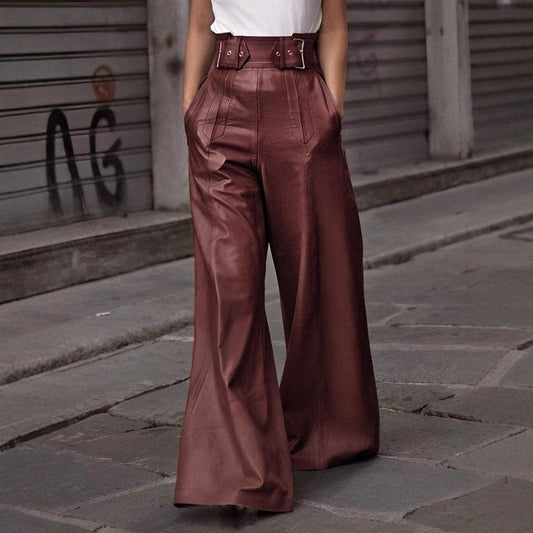 Solid Color High Waist Loose Pleated Pocket Leather Pants