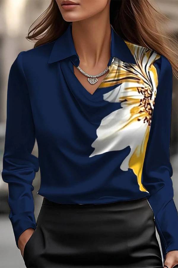 Temperamental Printed Simple Shirt Collar Ladies Top