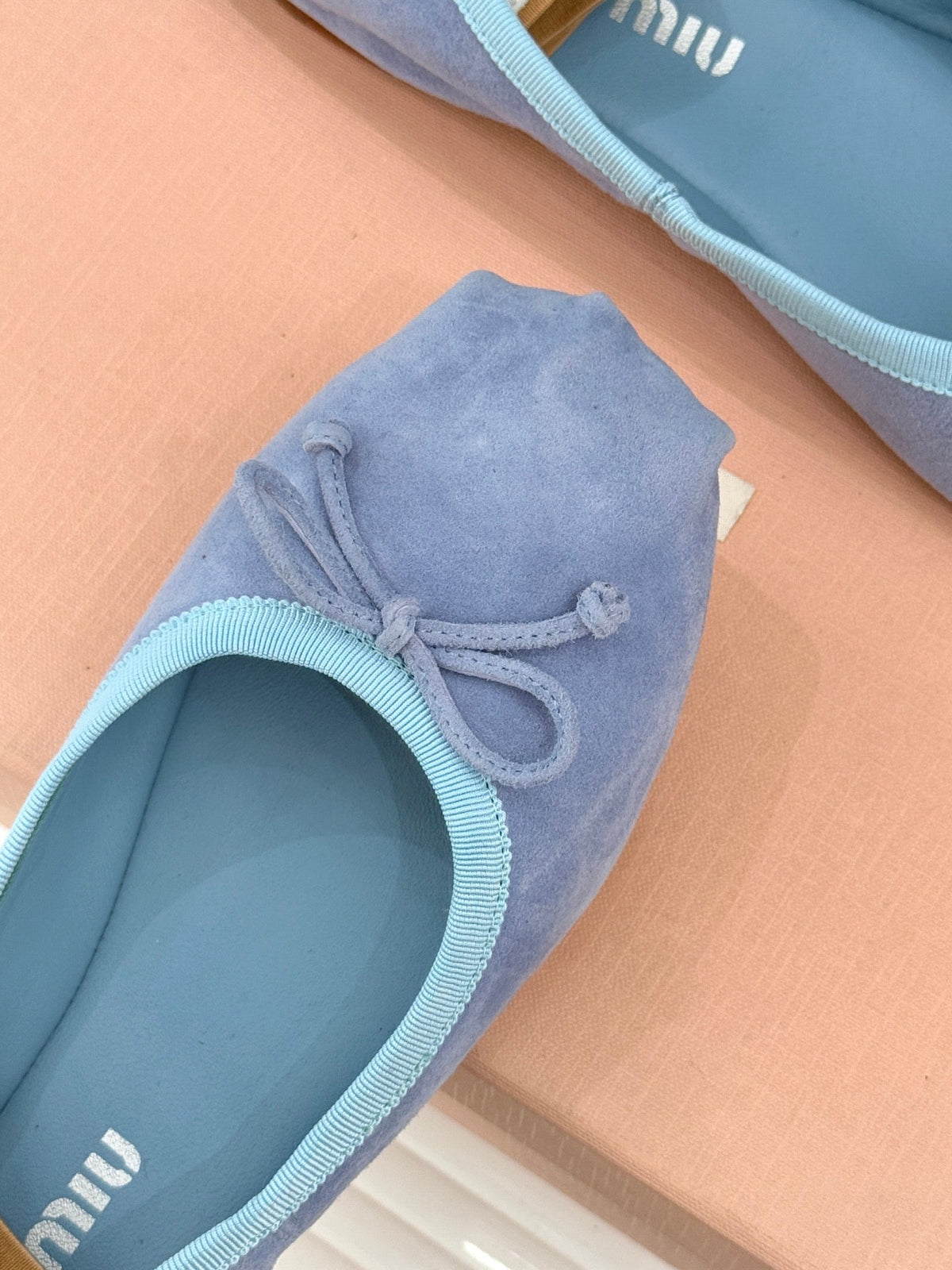 Miu Classic Bow Letter Ballet Flat French Sky Blue Suede