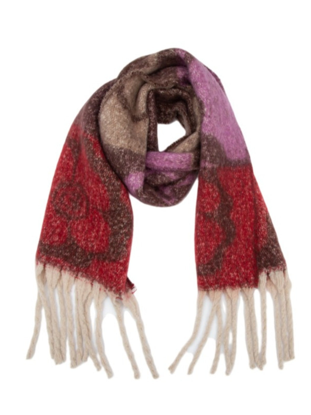 Scarvii - Retro Color-Block Fringe Scarf with Floral &amp; Leaf Patterns