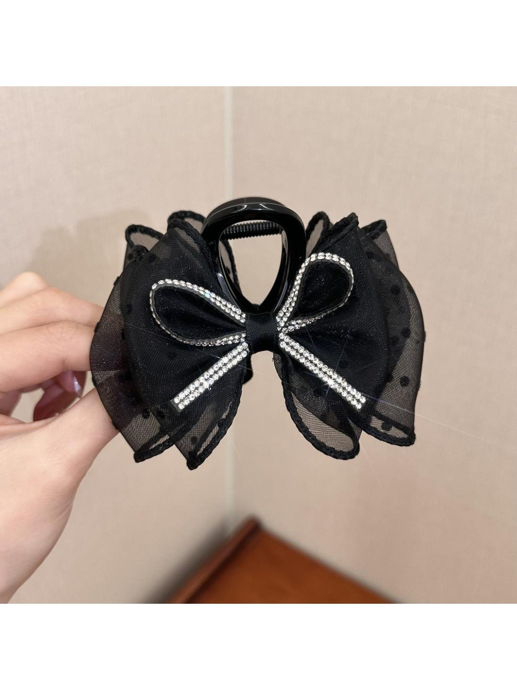Clio - Dark-Tone Tulle Polka Dot Bow Hair Claw