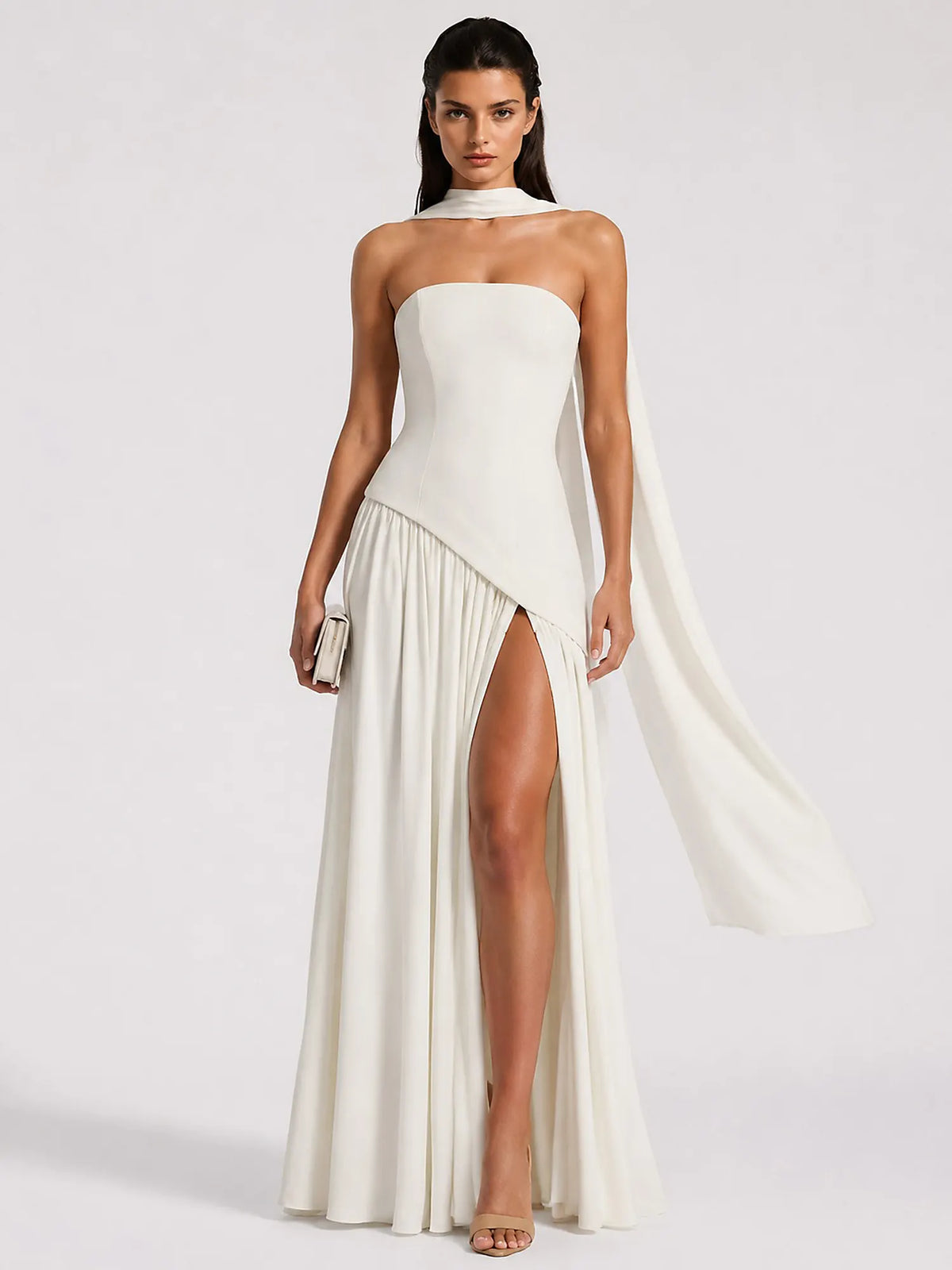 Celeste Strapless Ruched Slit Maxi Dress In White