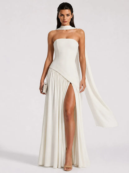 Celeste Strapless Ruched Slit Maxi Dress In White