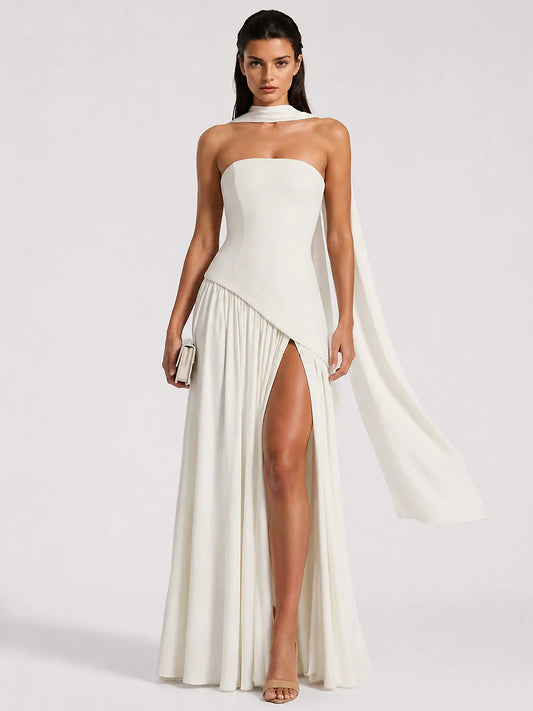 Celeste Strapless Ruched Slit Maxi Dress In White