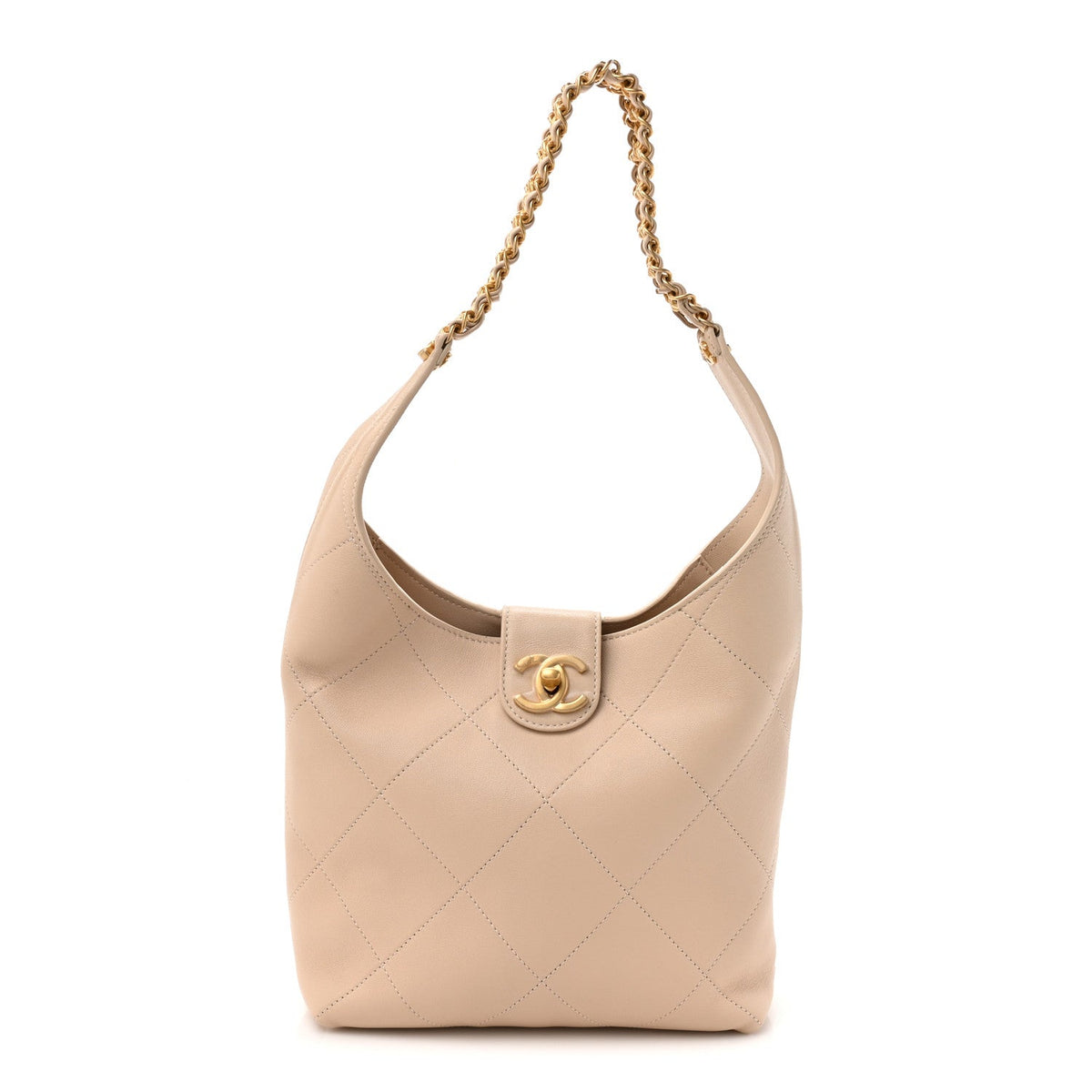 Shiny Lambskin Quilted Small Hobo Beige