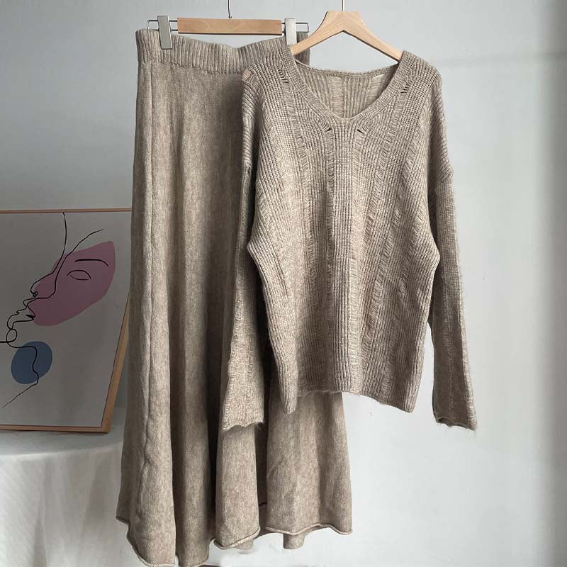 Solid Color Loose Knit Sweater Maxi Skirt Set