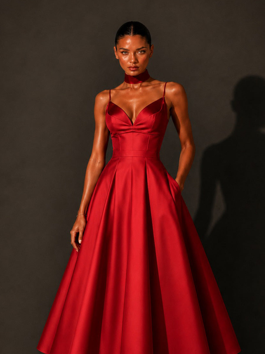 Ruby Retro-Elegant V-Neck Midi Dress In Red