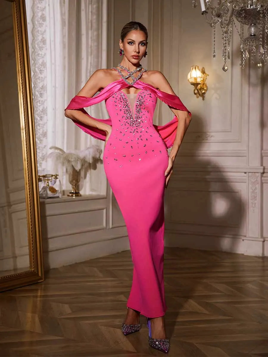 Hadley Halterneck Rhinestone Bandage Maxi Dress