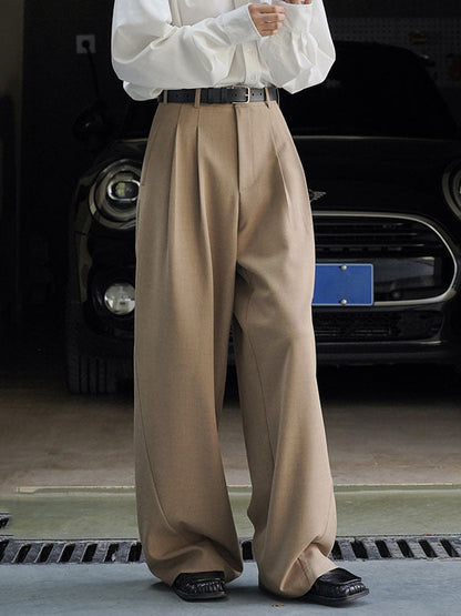 High Waisted Loose Pleated Solid Color Split-Joint Casual Pants Bottoms Trousers