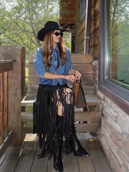 Roselyn Denim Jacket and Leather Fringe Skirt Set