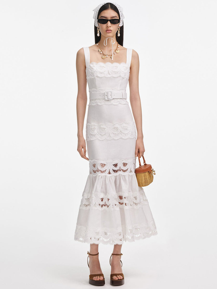 Victoria Linen Lace Insert Midi Dress