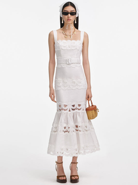 Victoria Linen Lace Insert Midi Dress