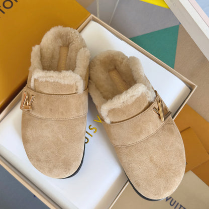LV 25 Birkenstock Platform Slippers Light Beige Suede Wool 576218