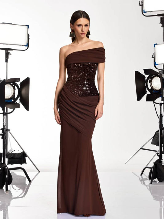 Samantha One Shoulder Sequin Ruched Maxi Dress