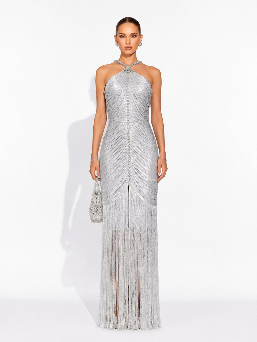 Beatrice Sleeveless Rhinestone Maxi Dress with Silver Tassels