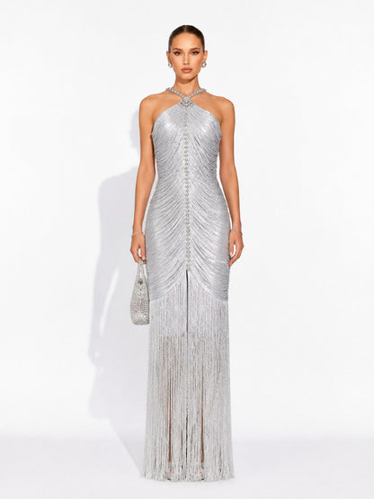 Beatrice Sleeveless Rhinestone Maxi Dress with Silver Tassels