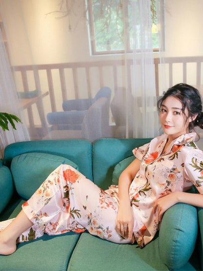 Spring And Summer New Ladies Printed Silk Casual Home Clothes Short Sleeve Trousers Summer Cardigan Pajamas