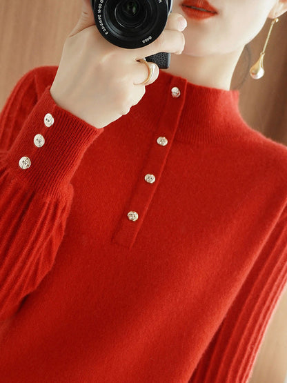 Casual Puff Sleeves Long Sleeves Solid Color Half Turtleneck Sweater Tops