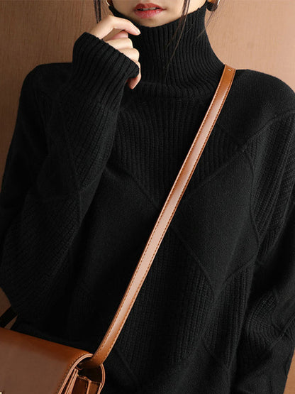 Loose Jacquard Solid Color High-Neck Sweater Tops