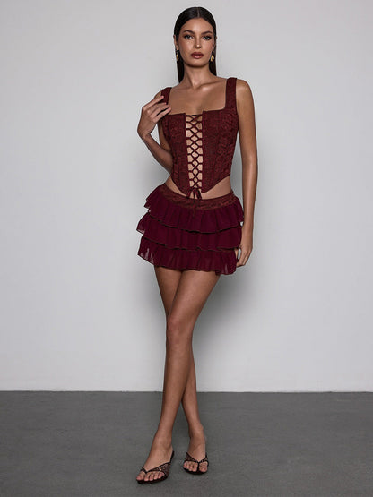 Melinda Corset Lace Up Tiered Skirt Set