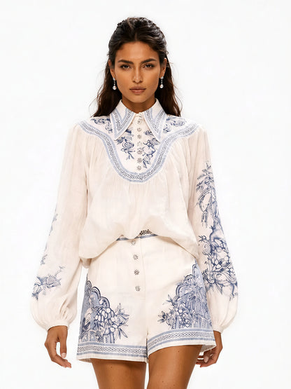 Genevieve Blue and White Porcelain Print Shirt and Shorts Set