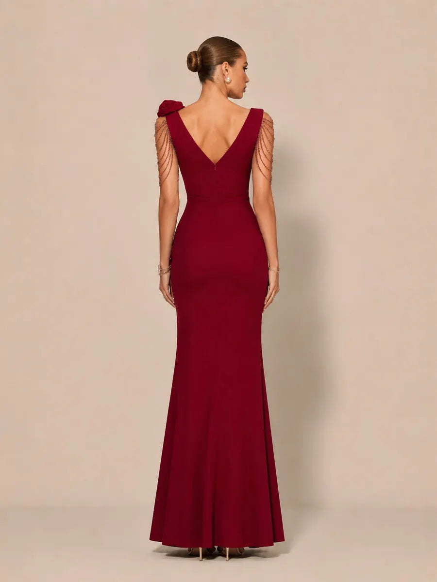 Arabelle Romantic Contour V Neck Pleated Floral Maxi Dress