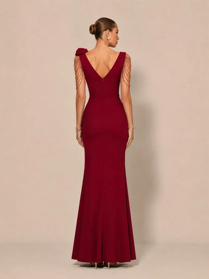 Arabelle Romantic Contour V Neck Pleated Floral Maxi Dress