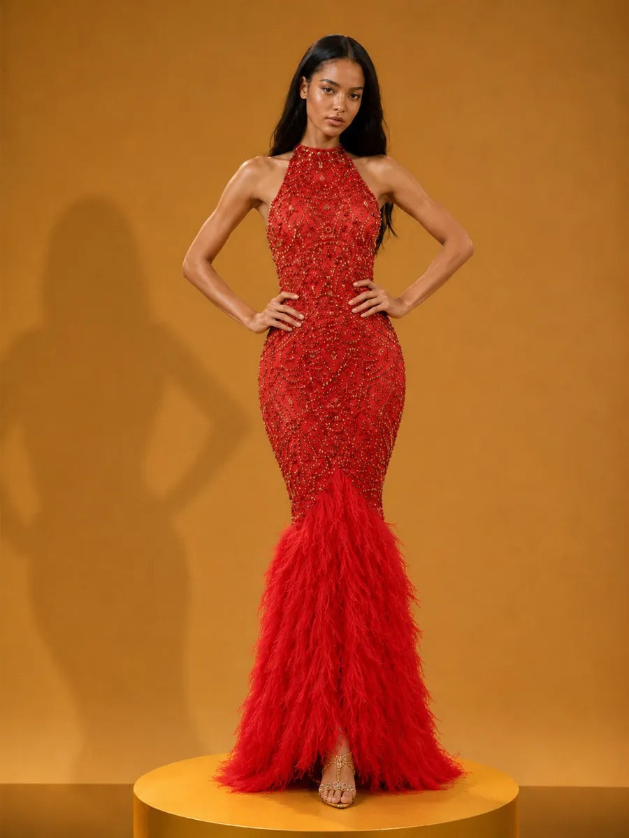 Isolde Elegant Rhinestone & Feather-Hem Maxi Dress In Red