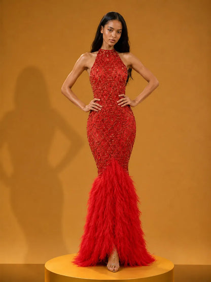 Isolde Elegant Rhinestone & Feather-Hem Maxi Dress In Red