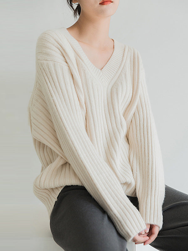 Casual Loose Solid Color V-Neck Sweater Tops