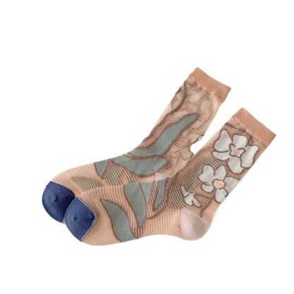 Rufia - Lace Flower Color-block Crew Socks - Sweet &amp; Retro