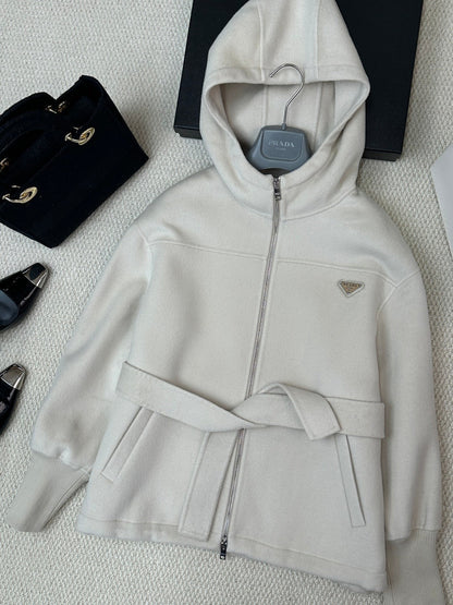 Prada 25 Hooded Coat Ivory Wool 637351