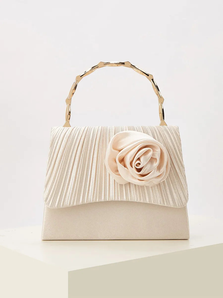 Eloise Pleated Satin Flower Gold Bamboo Handle Bag