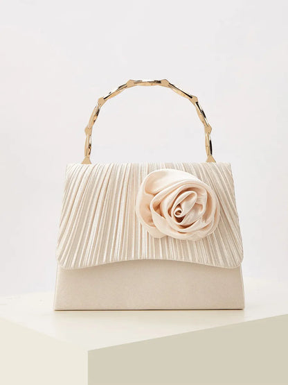 Eloise Pleated Satin Flower Gold Bamboo Handle Bag