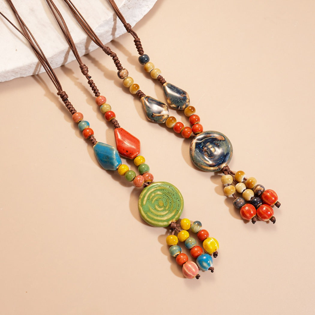 Bauai - Boho Ceramic Bead Fringe Long Necklace - Vintage &amp; Unique