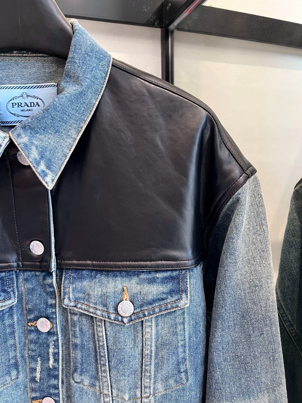 PRADA 25ST LEATHER JACKET WITH DENIM PATCHWORK 321