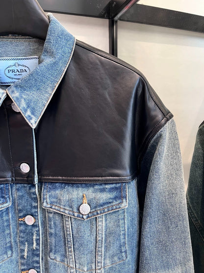 PRADA 25ST LEATHER JACKET WITH DENIM PATCHWORK 321