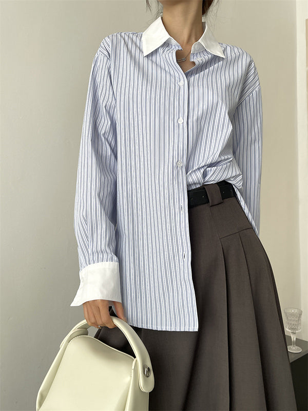 Irregular Clipping Pleated Split-Joint Striped Lapel Blouses