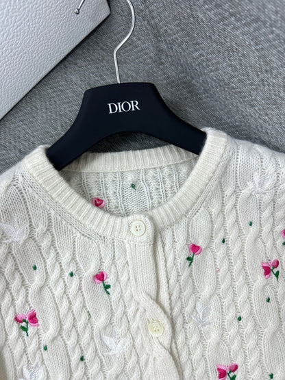 CD Cardigan Small Floral Embroidery Ivory Wool 349481