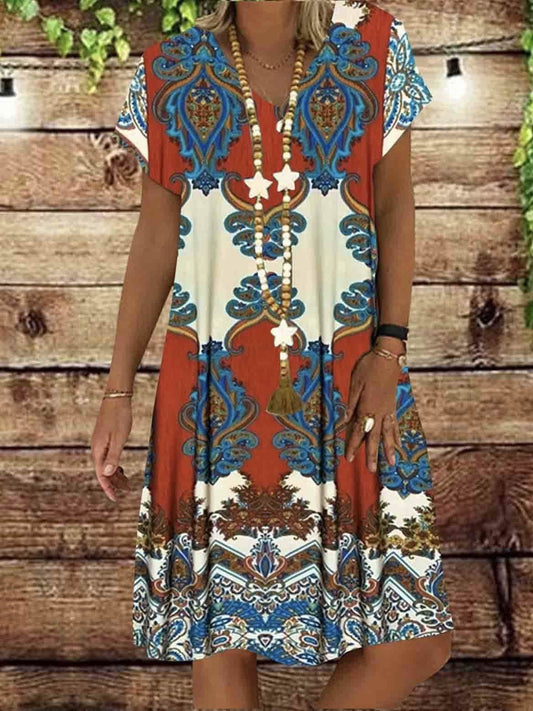 Summer New Short-Sleeved Printed Dress Mid-Length A-Line Skirt