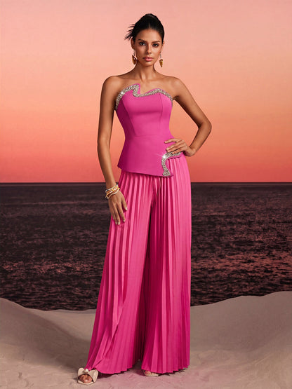 Zora Strapless Crystal Pleated Pants Set