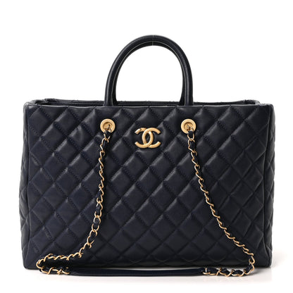 Caviar Quilted Large Coco Handle Shopping Tote Navy