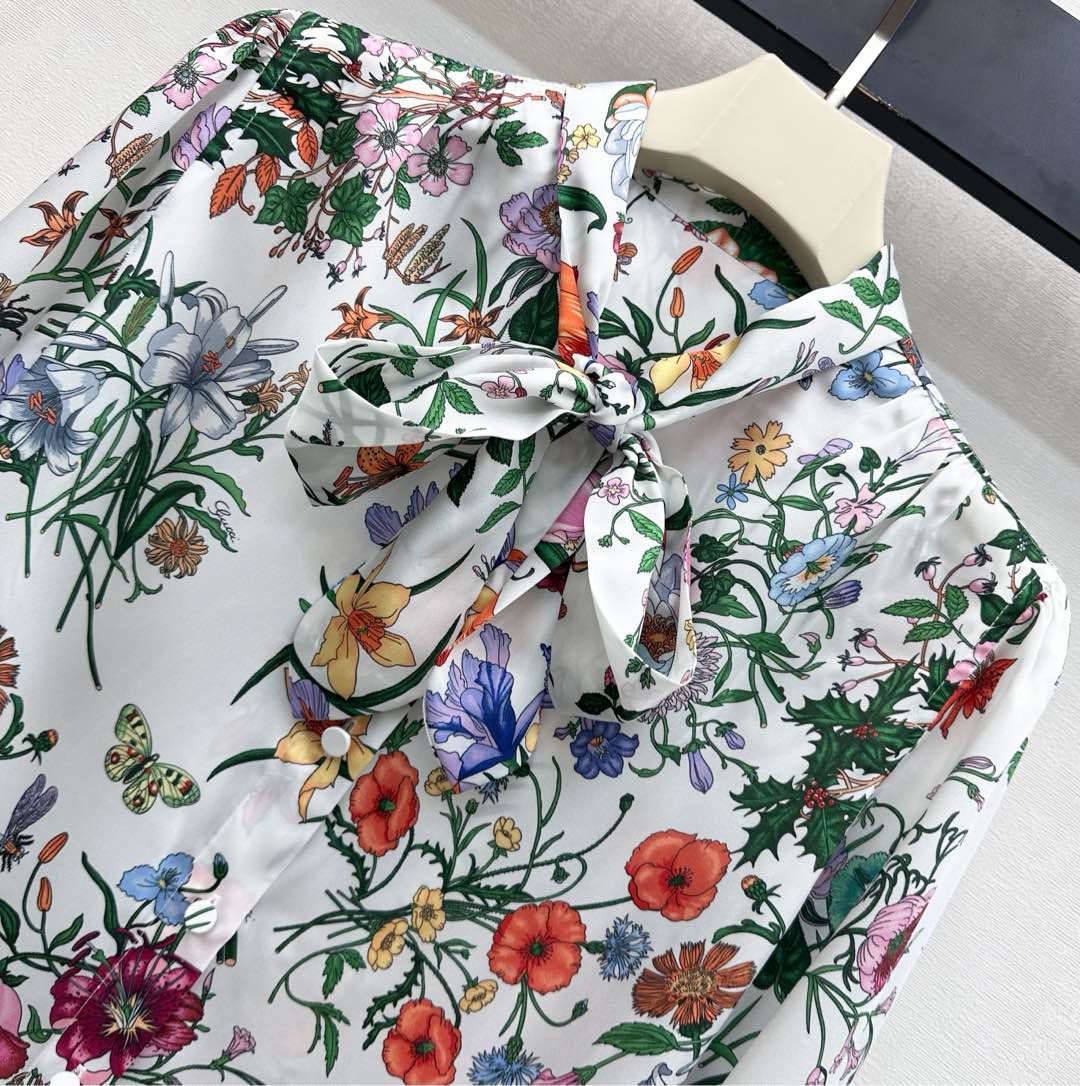 GG SS26 Flora Printed Collared Shirt White Multicolor Silk 351788